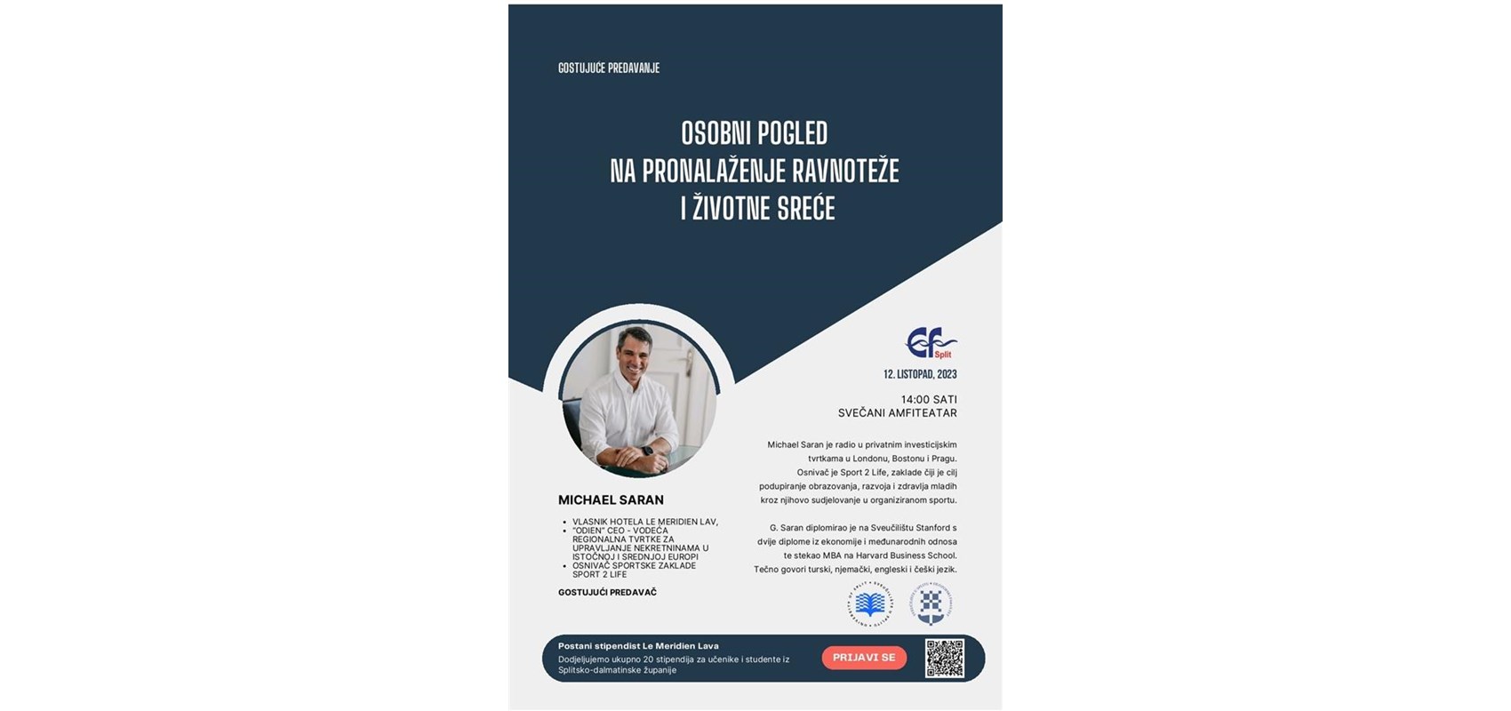 Lecture by Michael Saran - owner of Grand Hotel Lav and Odien group: “Personal view on finding balance and happiness in life